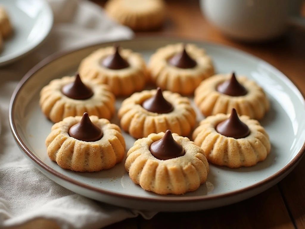 Plate of classic peanut butter blossom cookies with chocolate Kiss centers