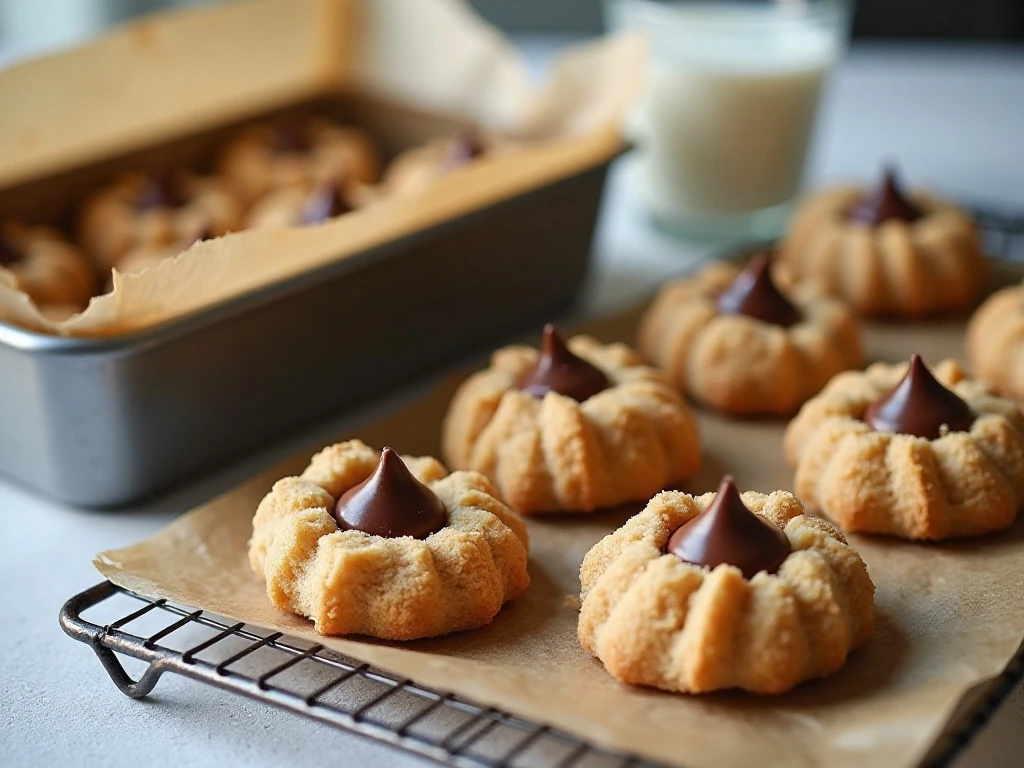 Peanut butter blossoms cooling on a wire rack before serving