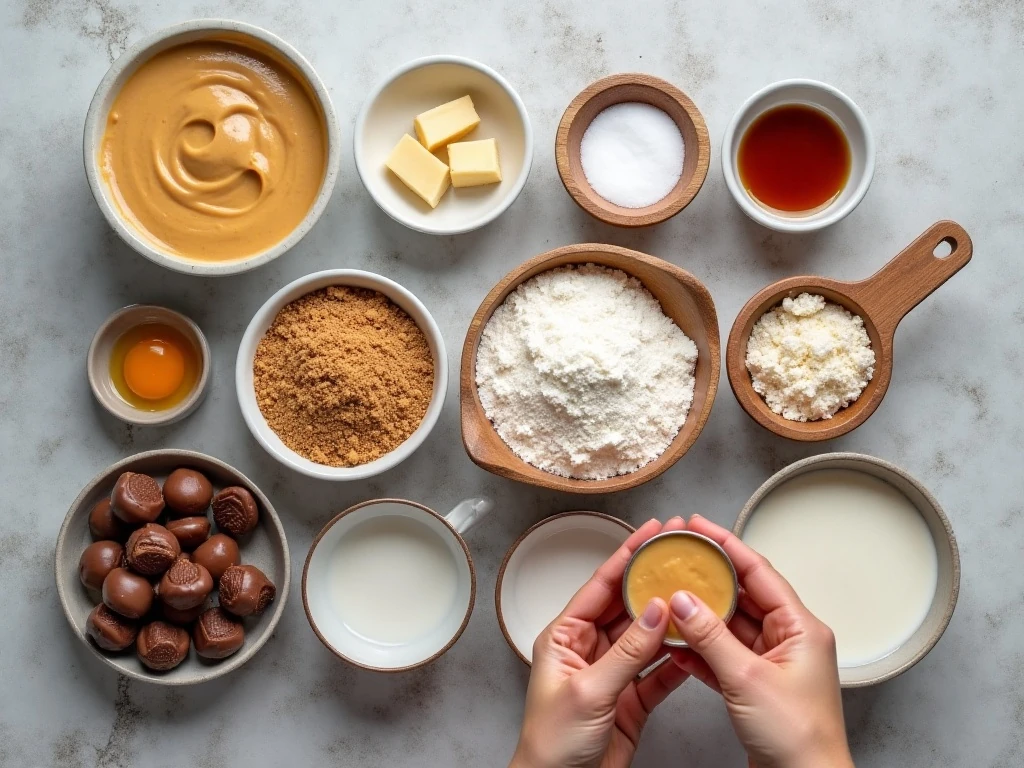 Measured ingredients for classic peanut butter blossoms