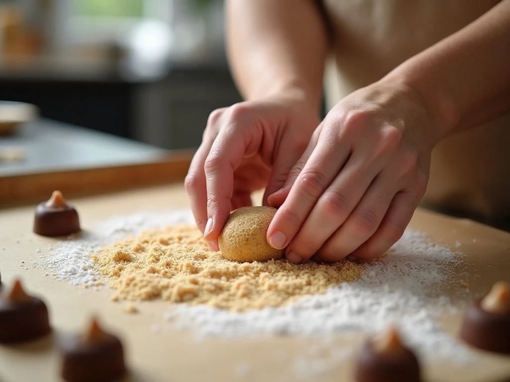 Rolling peanut butter cookie dough balls in sugar