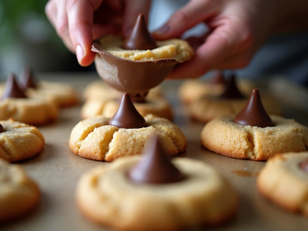 Adding chocolate kisses to warm peanut butter cookies