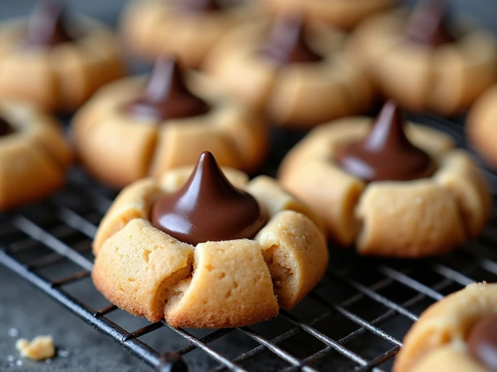 Cooled peanut butter blossoms with firm chocolate centers