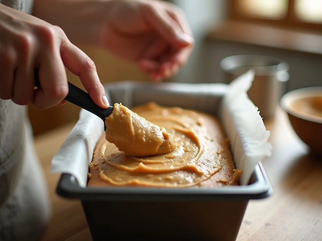 Thick peanut butter bread batter being spread in a loaf pan