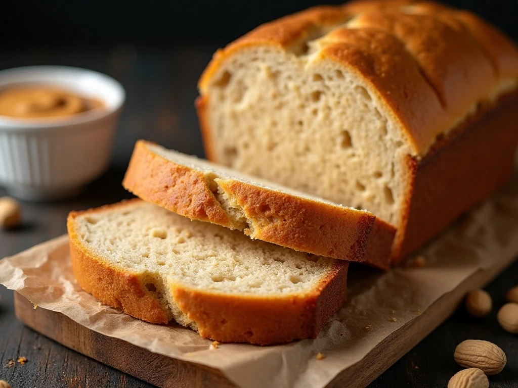 Close-up view of the tender crumb and golden crust of peanut butter bread