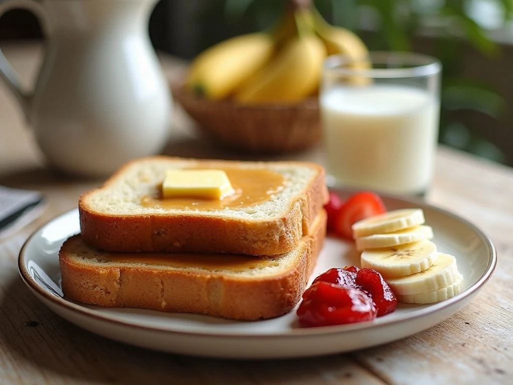 Slices of three-ingredient peanut butter bread served with jam, banana, butter, and milk