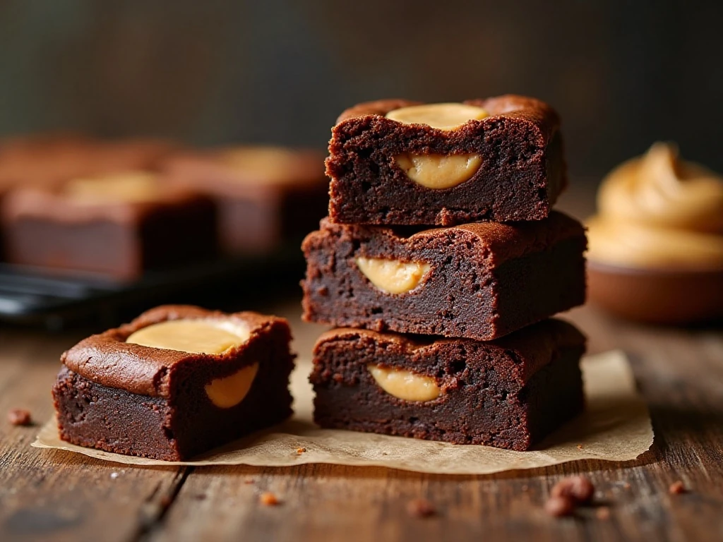 Fudgy peanut butter brownies stacked on a dessert table