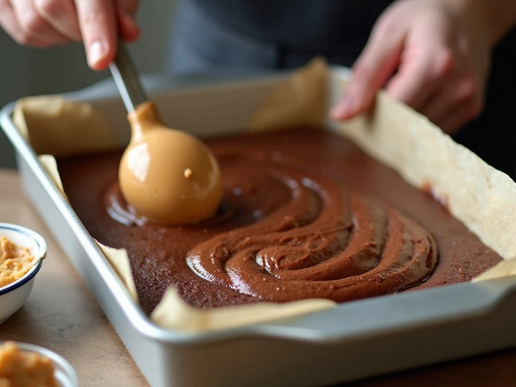 Swirling peanut butter into brownie batter