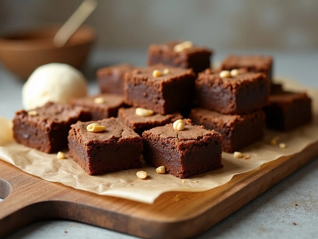 Peanut butter brownies served with vanilla ice cream