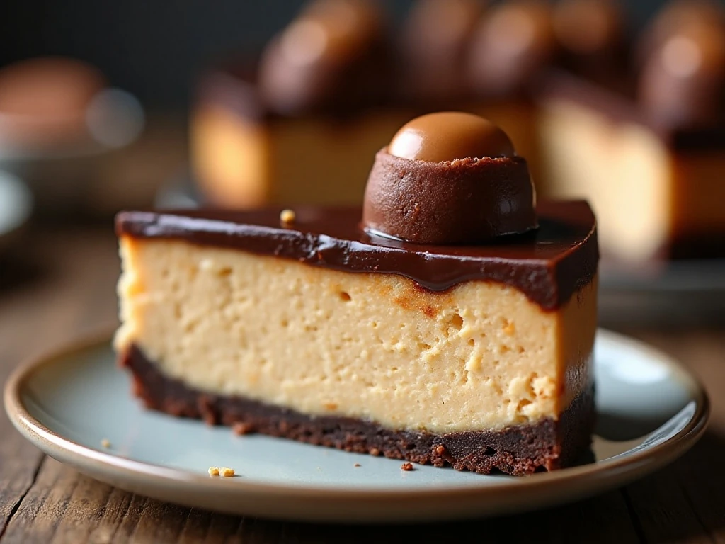Slice of peanut butter buckeye cheesecake showing chocolate crust, peanut butter filling, ganache, and buckeye topping