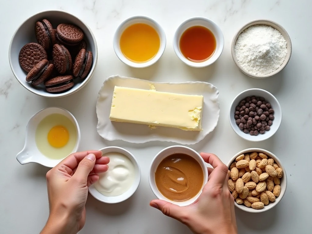 Ingredients for peanut butter buckeye cheesecake arranged on a countertop