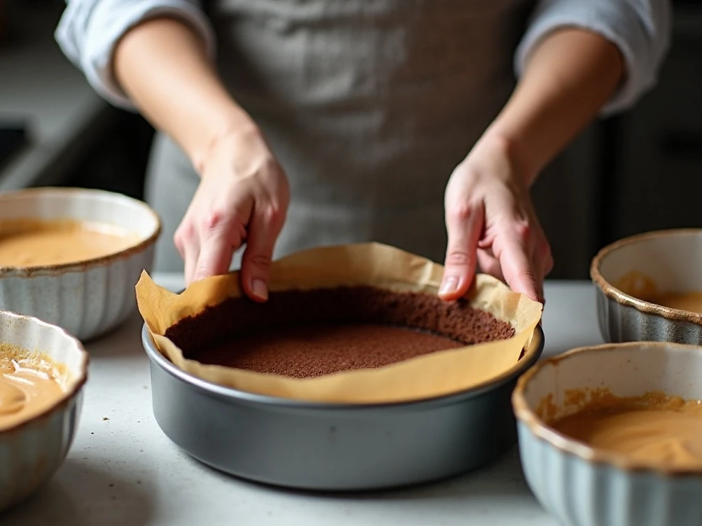 Preparing the chocolate cookie crust for peanut butter buckeye cheesecake