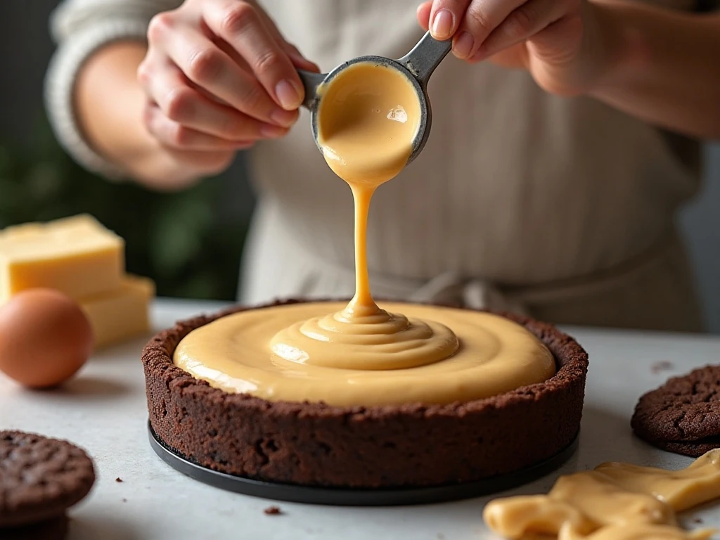 Smooth peanut butter cheesecake batter being prepared over a chocolate cookie crust