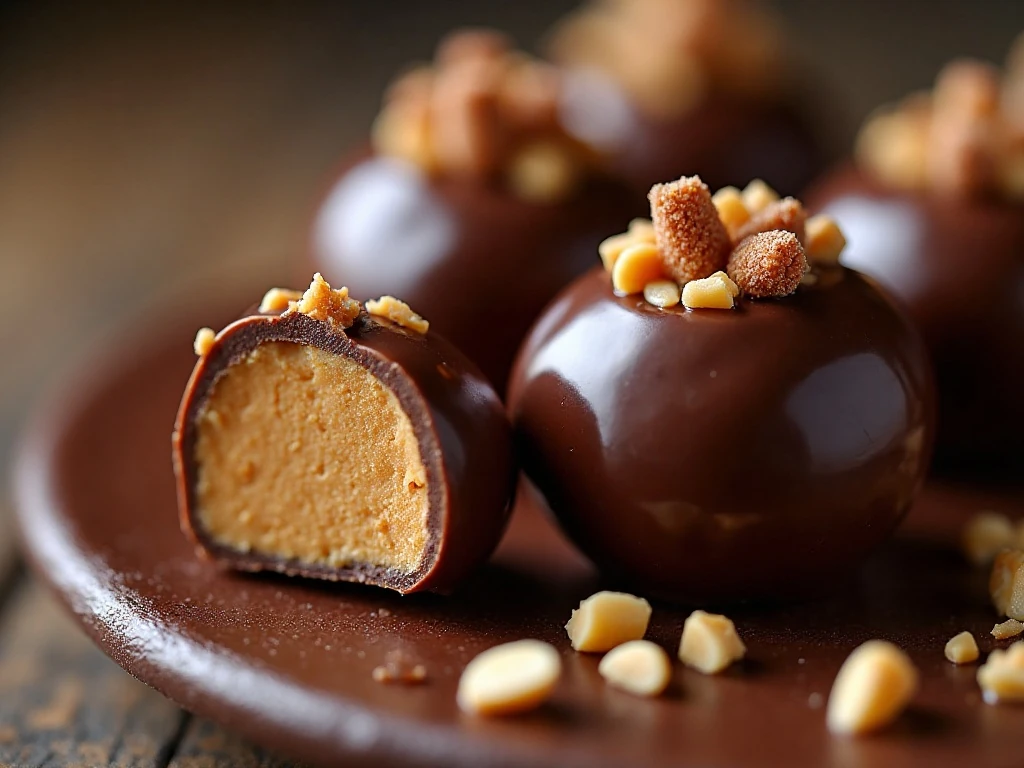 Chocolate ganache and buckeye candies decorating a peanut butter cheesecake