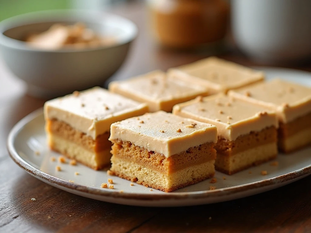 Squares of homemade peanut butter cake with peanut butter frosting on a serving platter