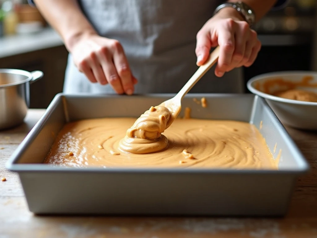 Peanut butter cake batter spread in a jelly-roll pan before baking