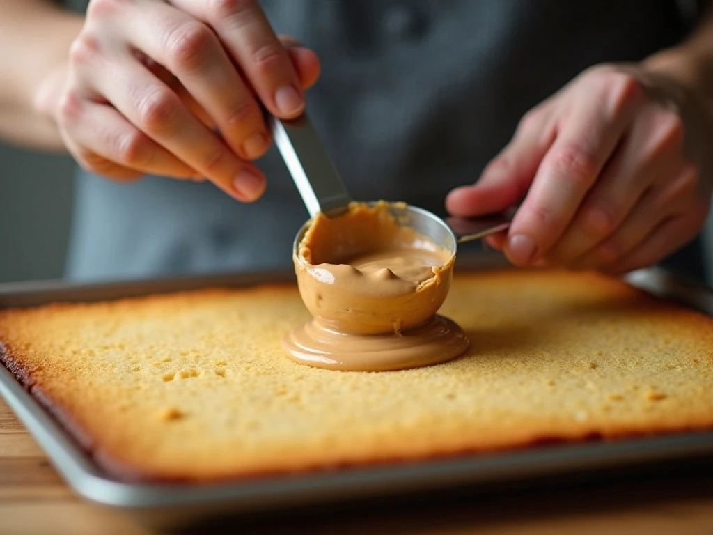 Warm peanut butter frosting being spread over freshly baked cake