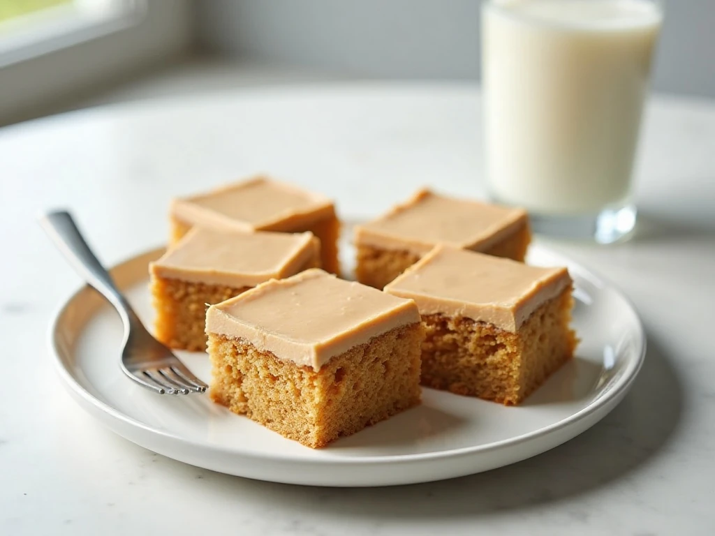 Served peanut butter cake squares with creamy frosting and milk