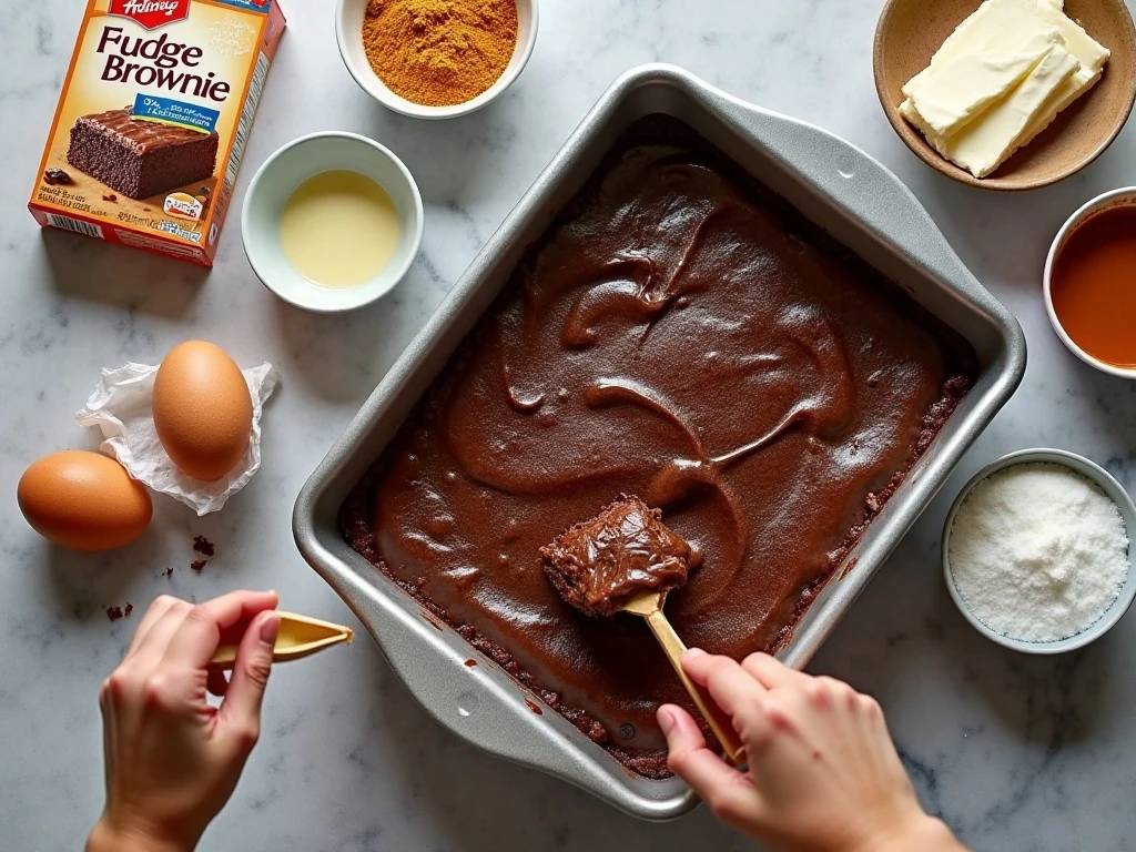 Ingredients for peanut butter cheesecake brownies arranged for baking