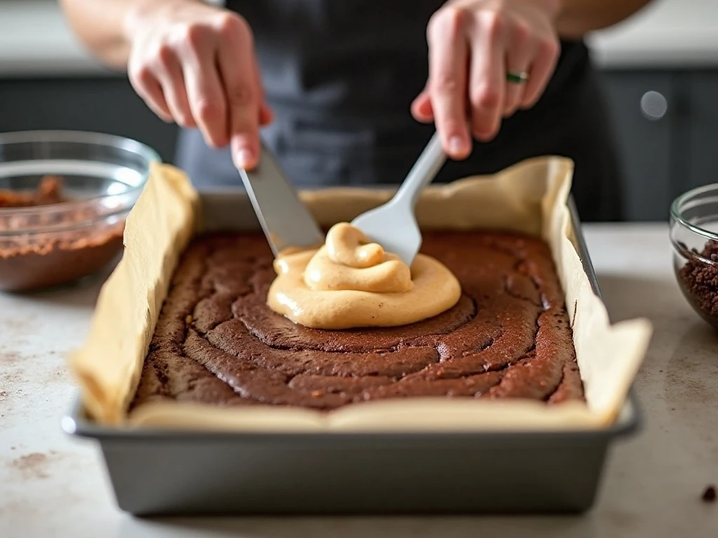 Spreading peanut butter cheesecake batter over the brownie layer