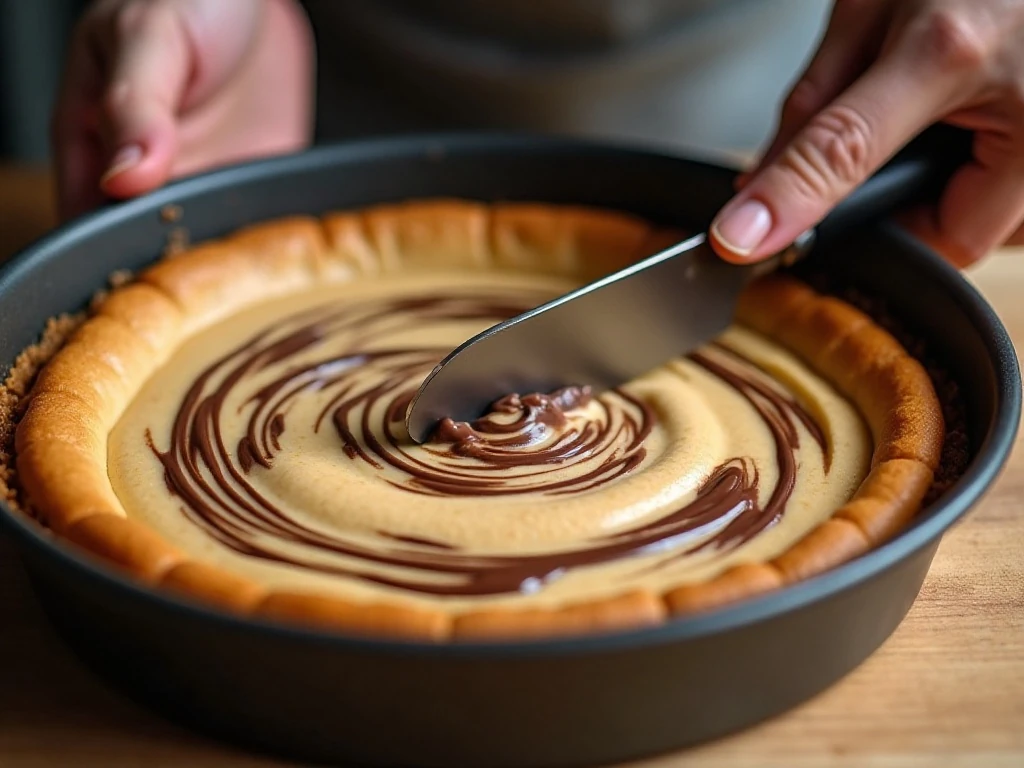 Creating gentle chocolate swirls on peanut butter cheesecake brownies