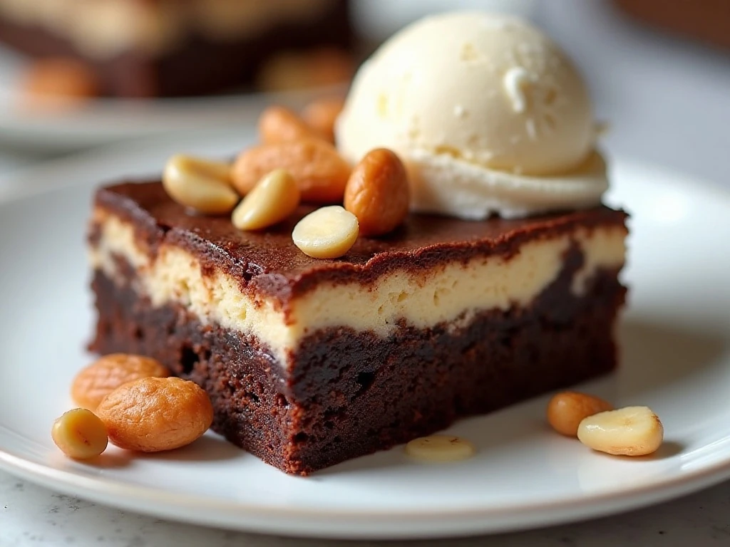 Peanut butter cheesecake brownie served with vanilla ice cream