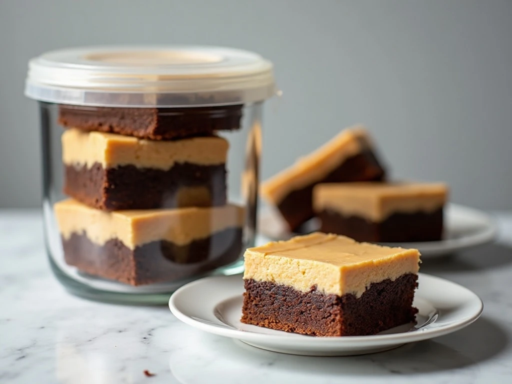 Chilled peanut butter cheesecake brownies stored for serving