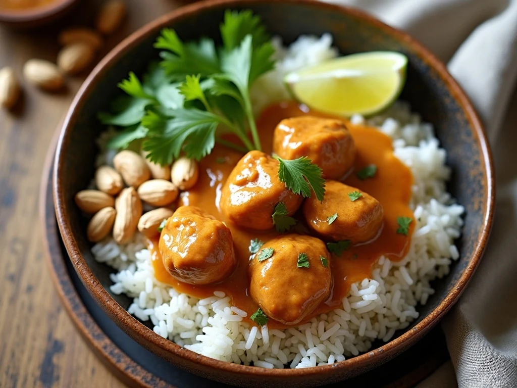 Creamy peanut butter chicken served over jasmine rice with cilantro and roasted peanuts
