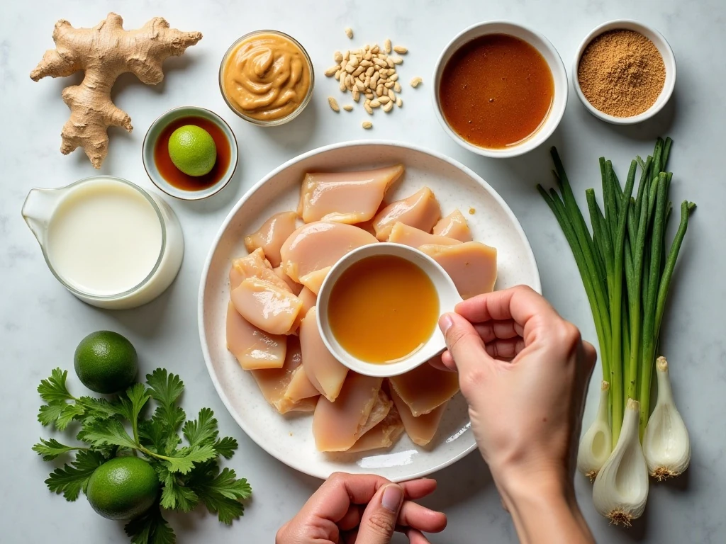 Ingredients for peanut butter chicken arranged for cooking