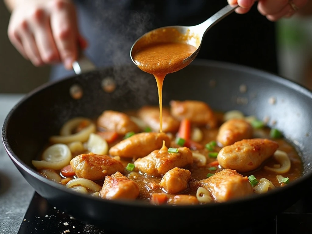 Chicken browning in a skillet for peanut butter chicken