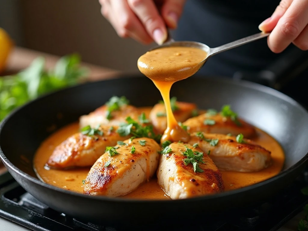 Smooth peanut butter coconut sauce simmering gently with chicken
