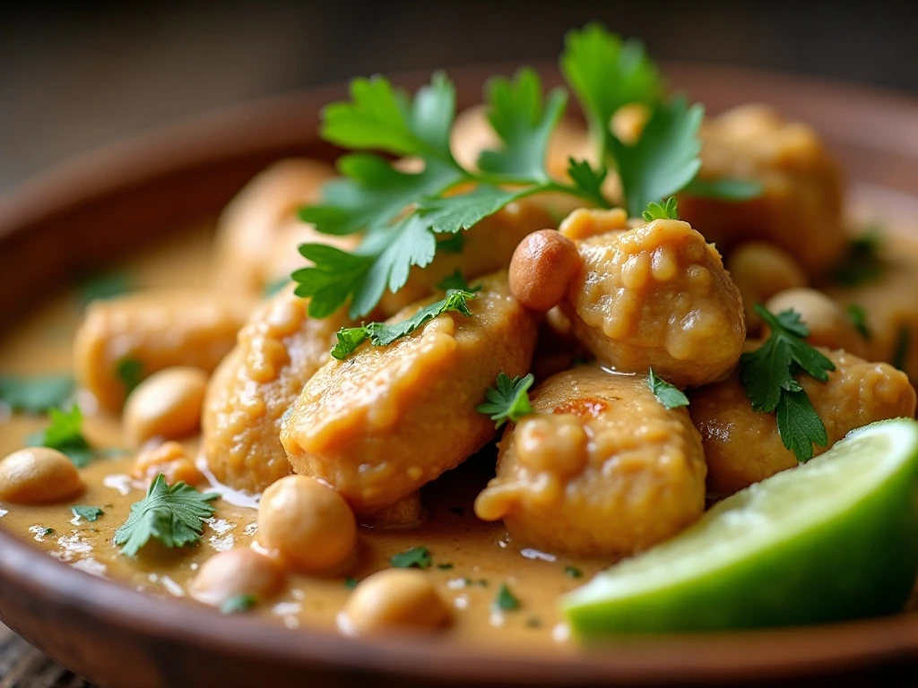 Cilantro and roasted peanuts garnishing peanut butter chicken
