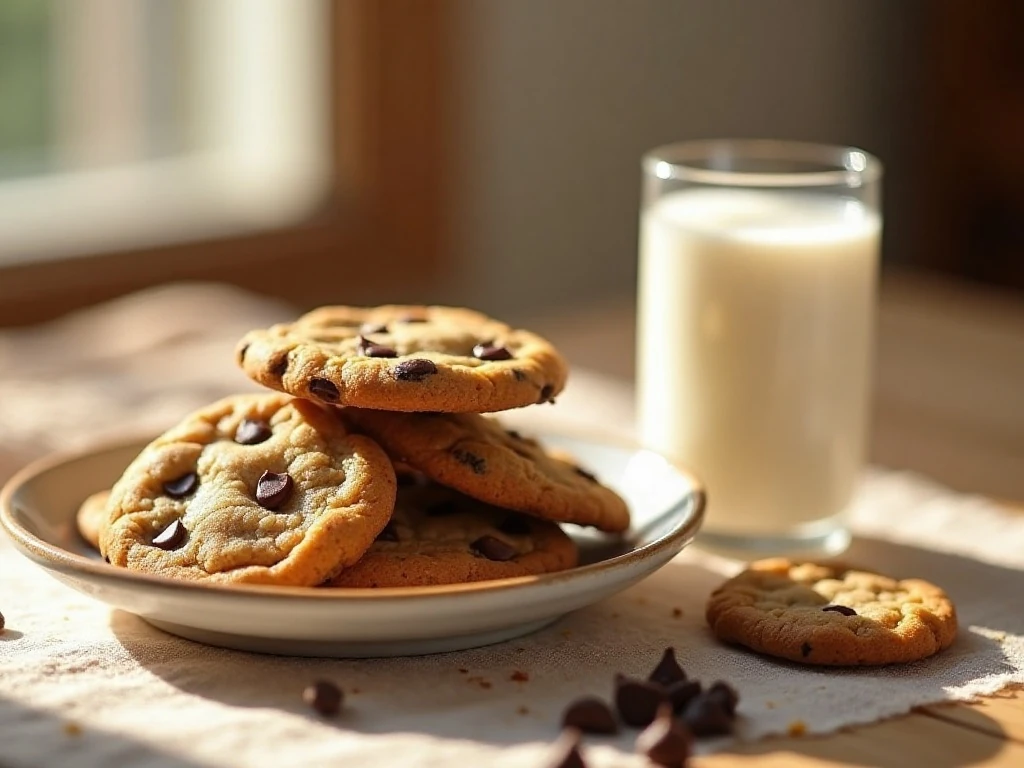 Stack of soft and chewy peanut butter chocolate chip cookies beside milk