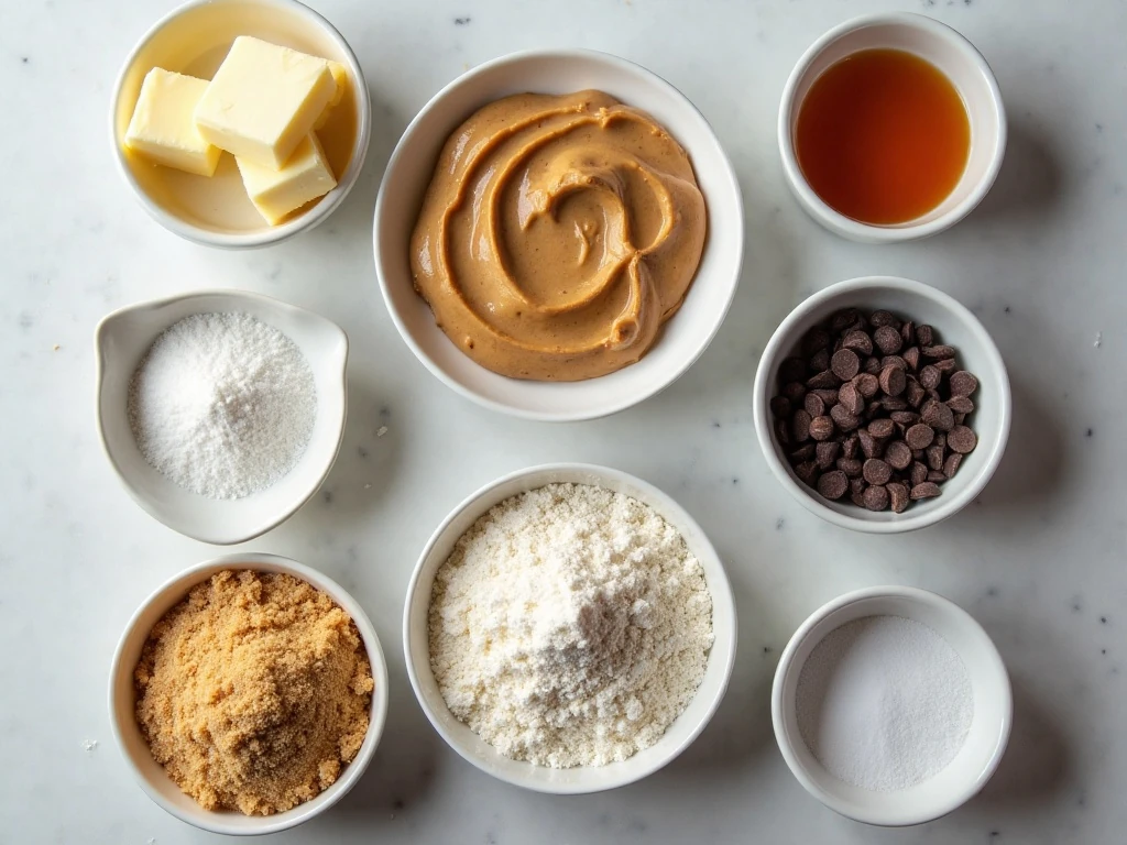 Measured ingredients for peanut butter chocolate chip cookies