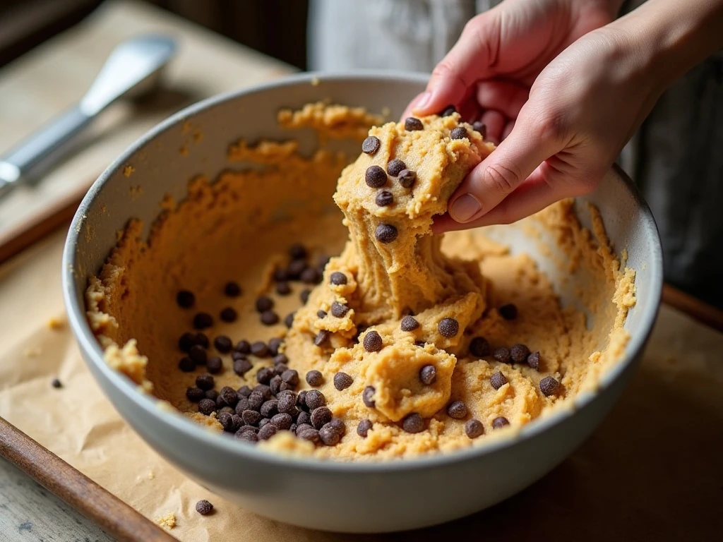 Peanut butter cookie dough being mixed with chocolate chips