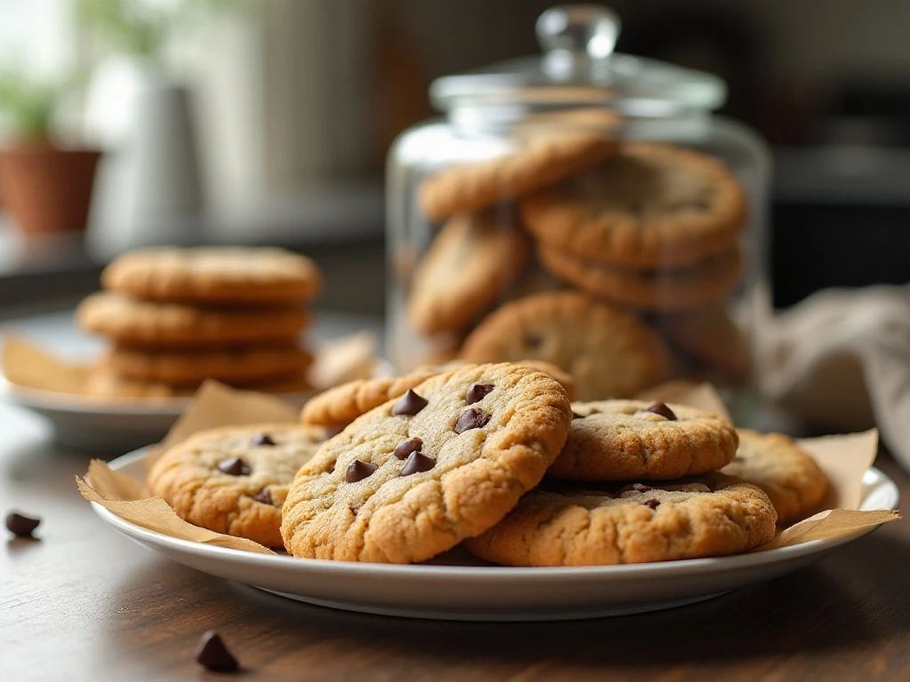 Peanut butter chocolate chip cookies arranged for serving and storage