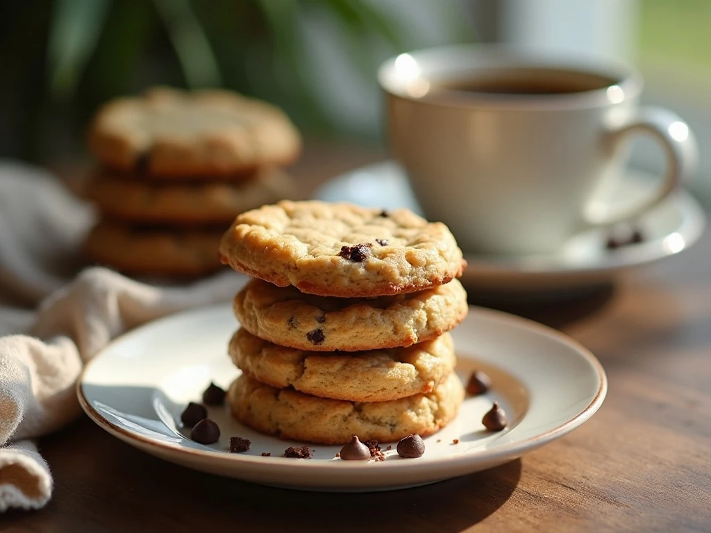 Stack of peanut butter chocolate chip shortbread cookies beside coffee