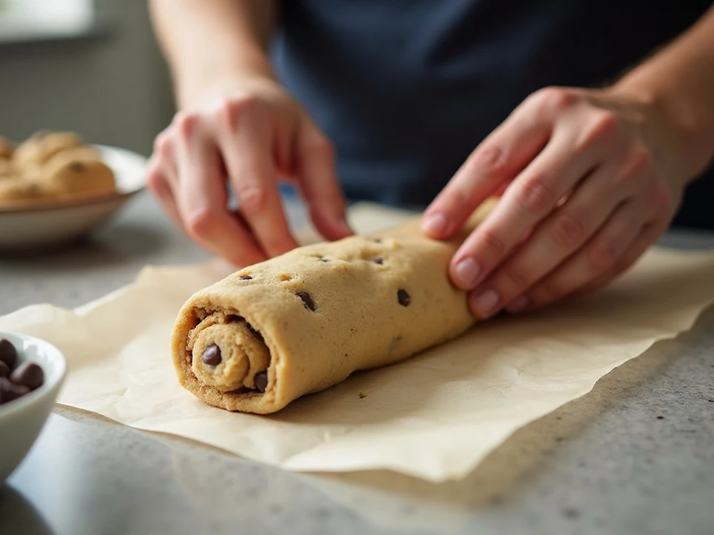 Shaping peanut butter chocolate chip shortbread dough into a log