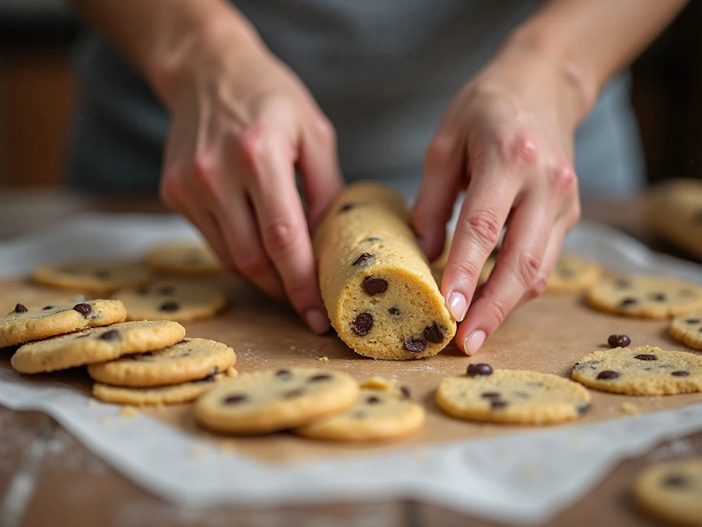 Slicing chilled peanut butter shortbread dough into even rounds