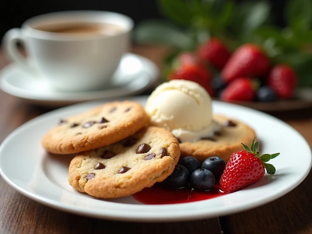 Peanut butter chocolate chip shortbread cookies served with ice cream and coffee
