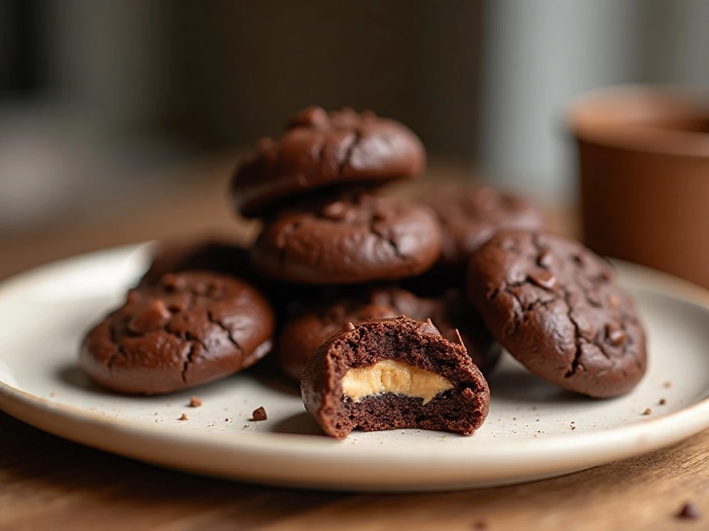 Tender chocolate peanut butter meltaway cookies stacked on a plate