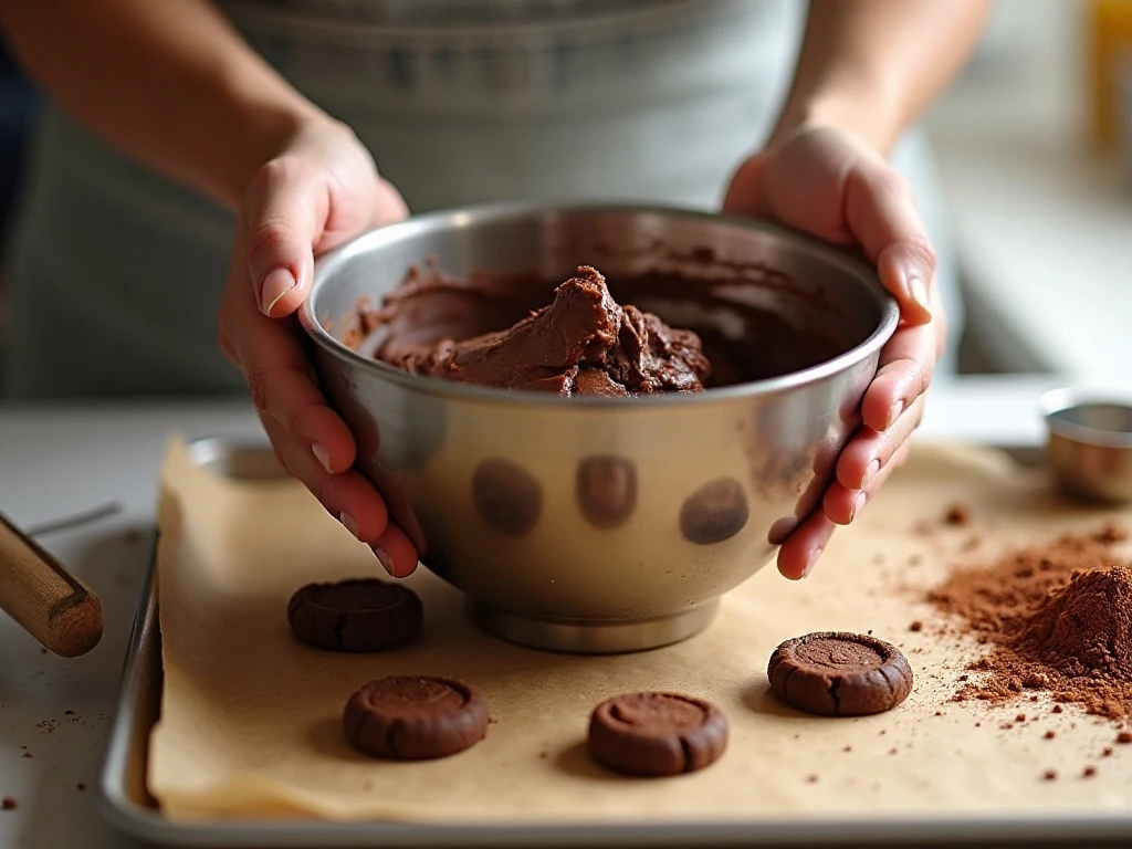 Chocolate peanut butter cookie dough being prepared for baking
