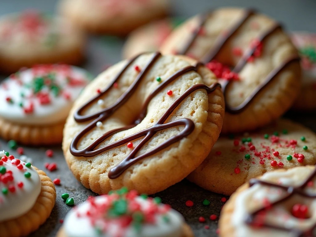 Decorated peanut butter Christmas sugar cookies with icing and sprinkles