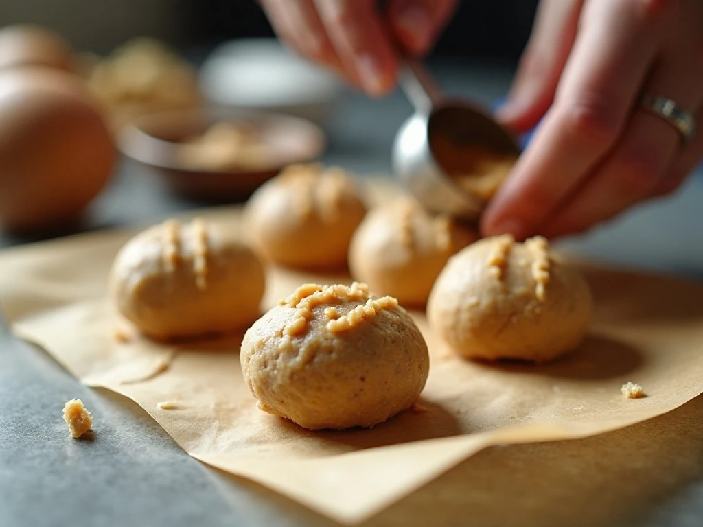 Preparing peanut butter cookie dough with a fork crosshatch
