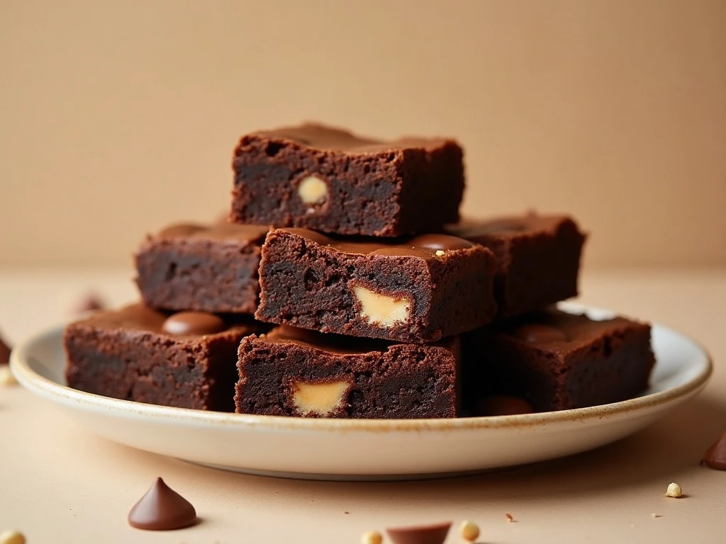 Stack of fudgy peanut butter cup brownies showing their rich chocolate centers