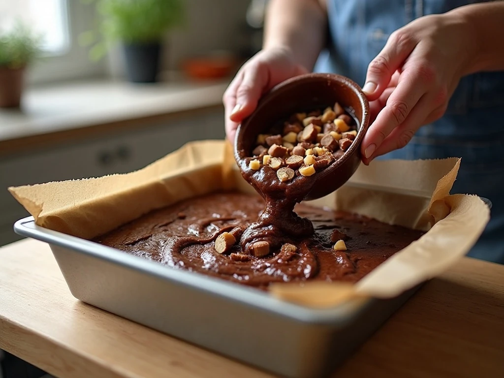 Brownie batter being folded with chopped peanut butter cups