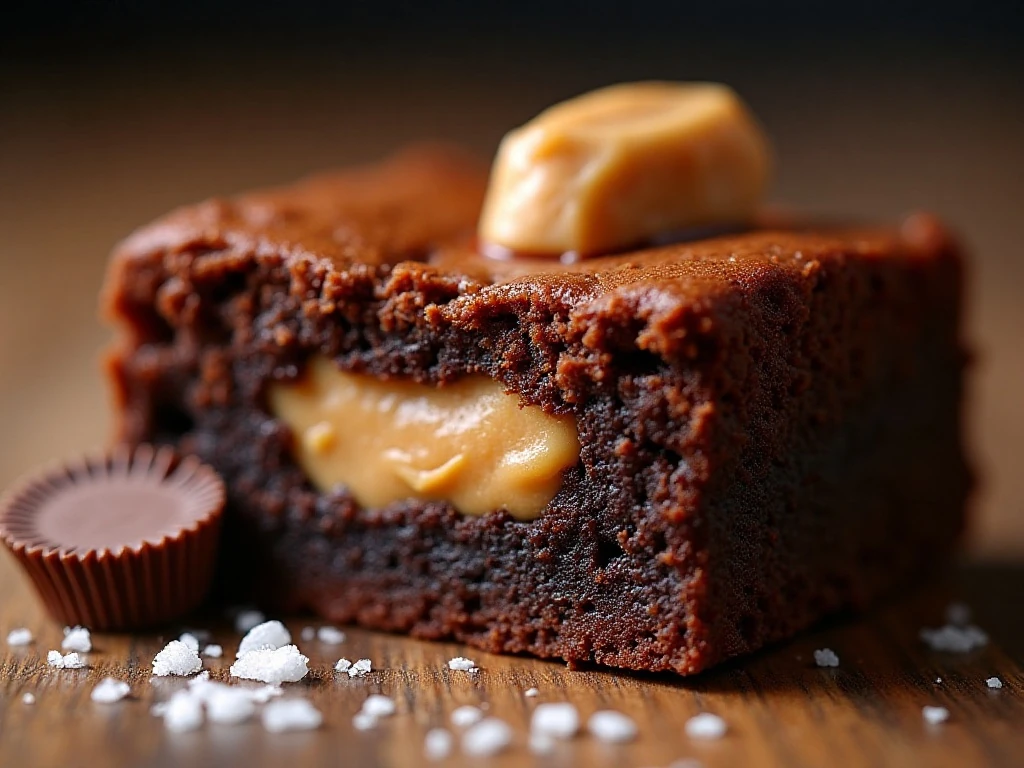 Close-up of a fudgy brownie with peanut butter swirl and candy pieces