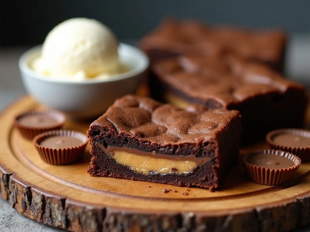 Peanut butter cup brownies served with ice cream and extra candy