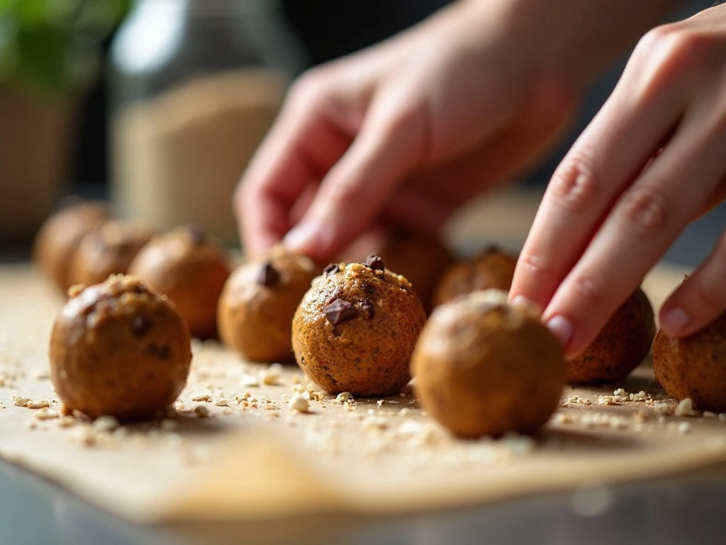 Freshly rolled peanut butter energy balls with oats and chocolate chips