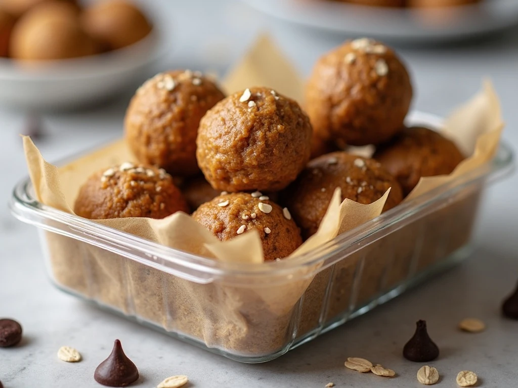Peanut butter energy balls stored in an airtight container