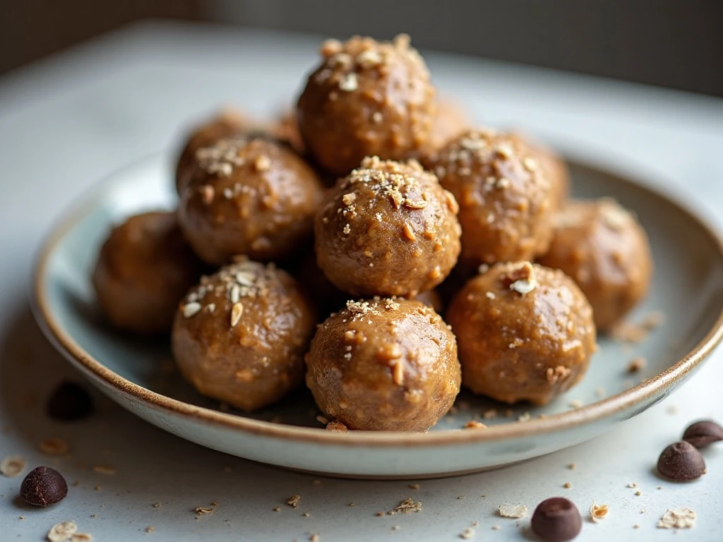 Finished no-bake peanut butter energy balls ready to serve